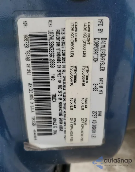 2002 Dodge Dakota Quad Sport from USA, damaged, VIN 1B7HL38N32S612860